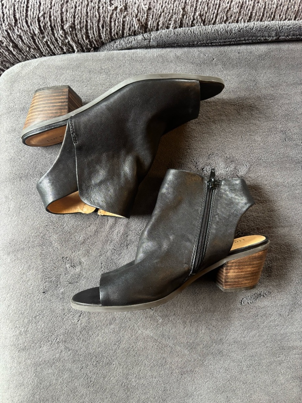 Women’s Lucky Brand Baaka Open Toe Genuine Leather Booties, Black, Size 8W